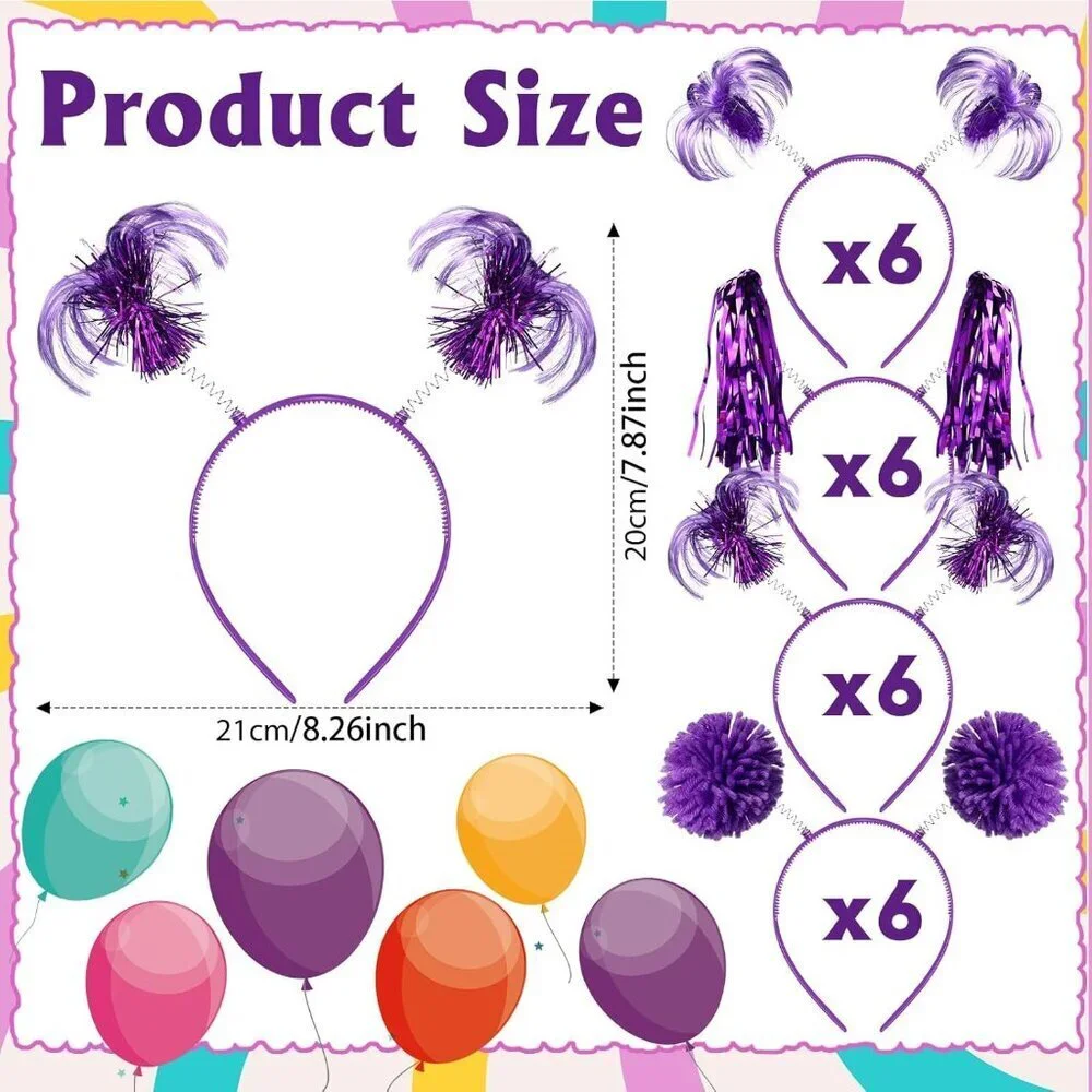 24 Pack Pom Pom Headbands Unisex Kids Purple Party Costume Accessories